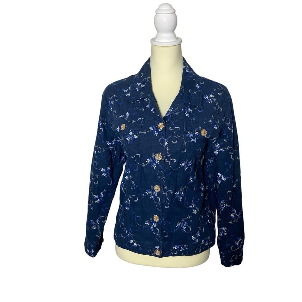 Vintage Erin London Linen Blend Blue Floral Button Up Blouse Women's Size MP